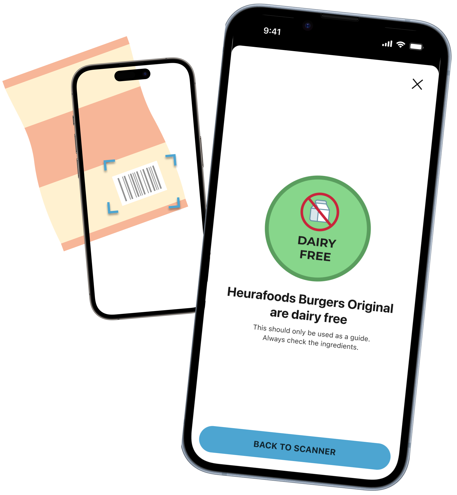 Two iPhones showing the user interface for Dairy Free Scanner app